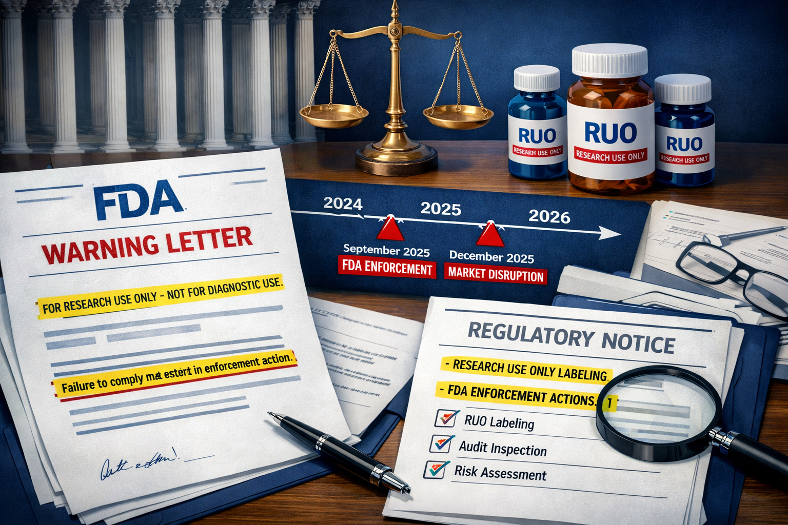 Landscape format (1536x1024) conceptual image depicting FDA warning letters and regulatory documents on desk with highlighted sections about