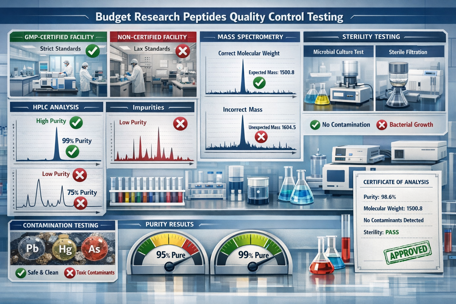 Landscape format (1536x1024) detailed infographic showing quality control testing process for budget research peptides including HPLC chroma