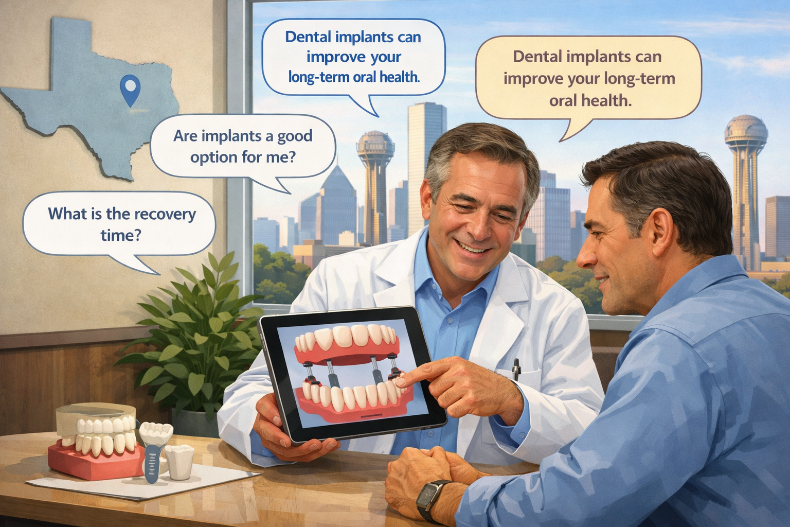 An illustration in landscape format (1536x1024) depicting a patient consulting with a dentist in a modern Dallas dental office, discussing t
