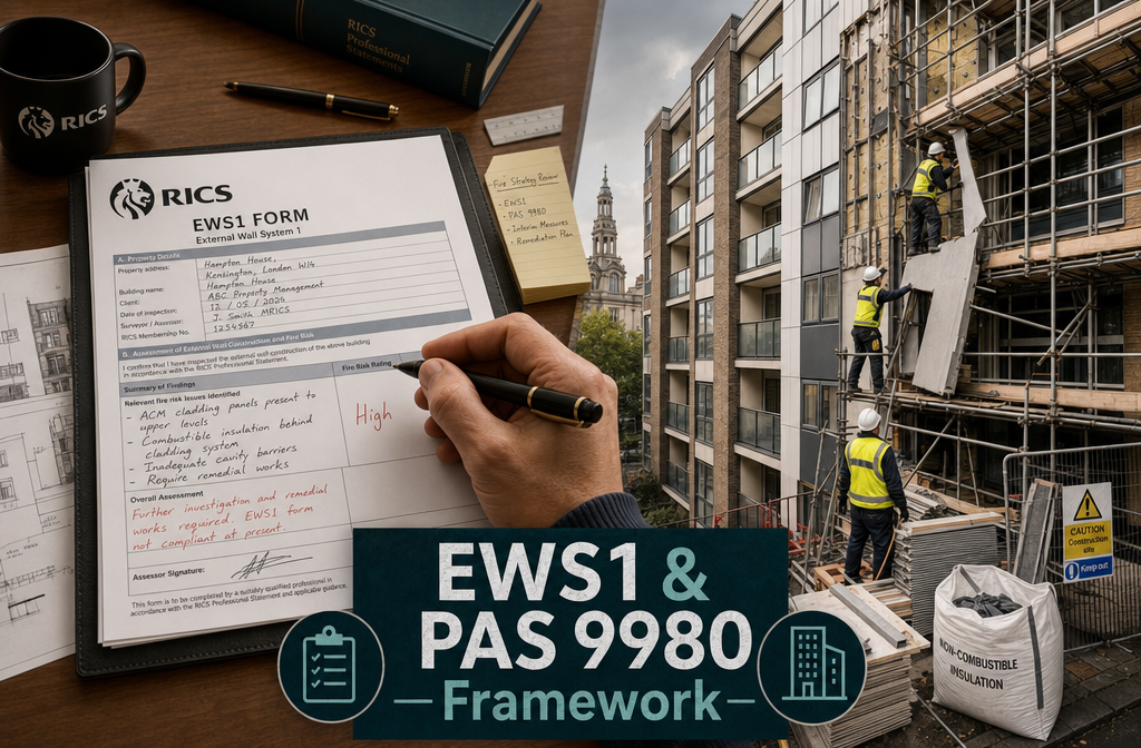 () editorial illustration showing a split-scene composition: left side features a RICS-branded EWS1 form document on a desk