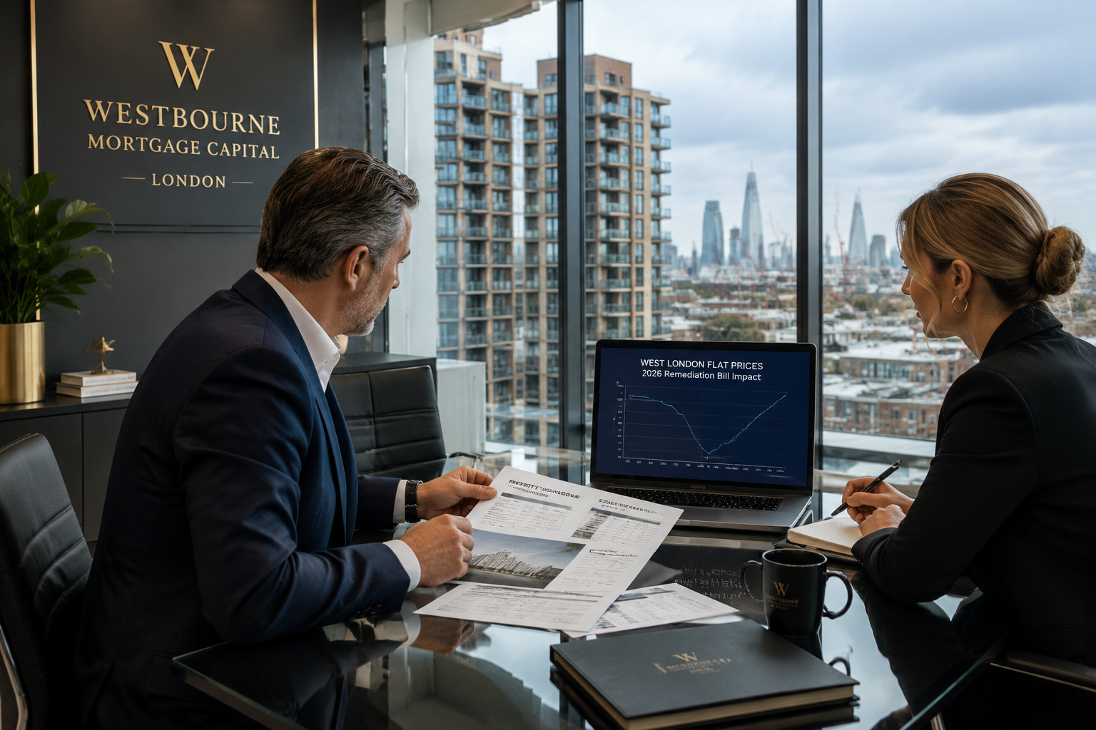() editorial image showing a mortgage lender's meeting room with two professionals reviewing property valuation reports on a