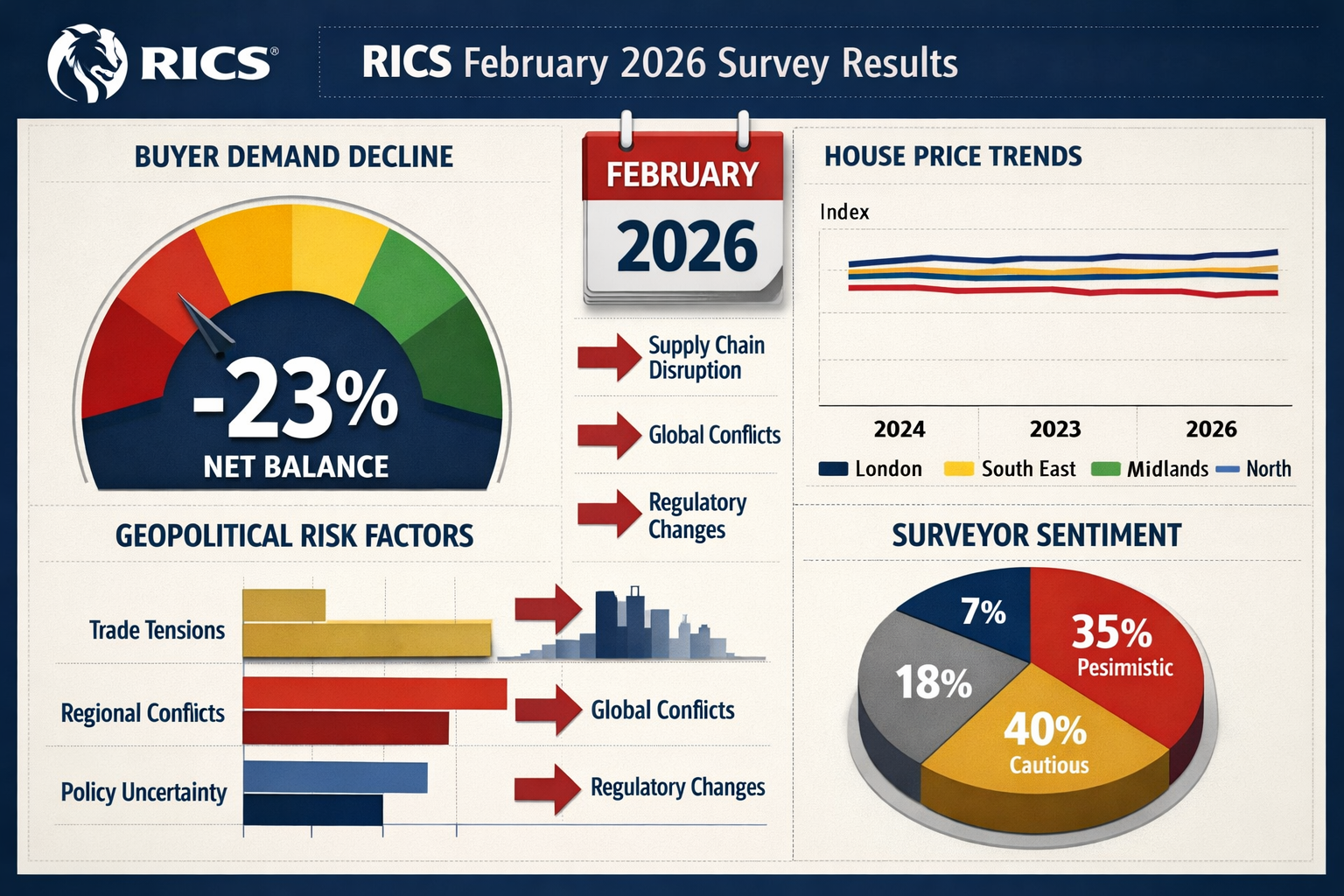 () detailed infographic showing RICS February 2026 survey results with multiple data visualization elements: large