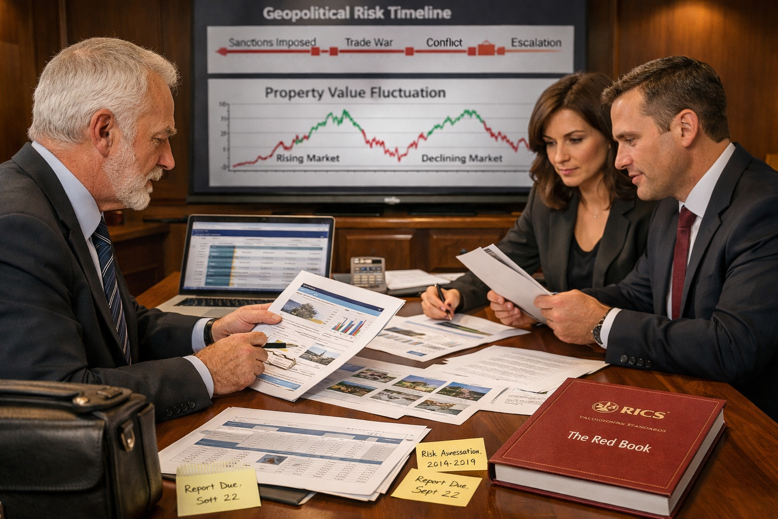 () professional courtroom scene showing expert witness preparation in action: foreground features experienced surveyor in