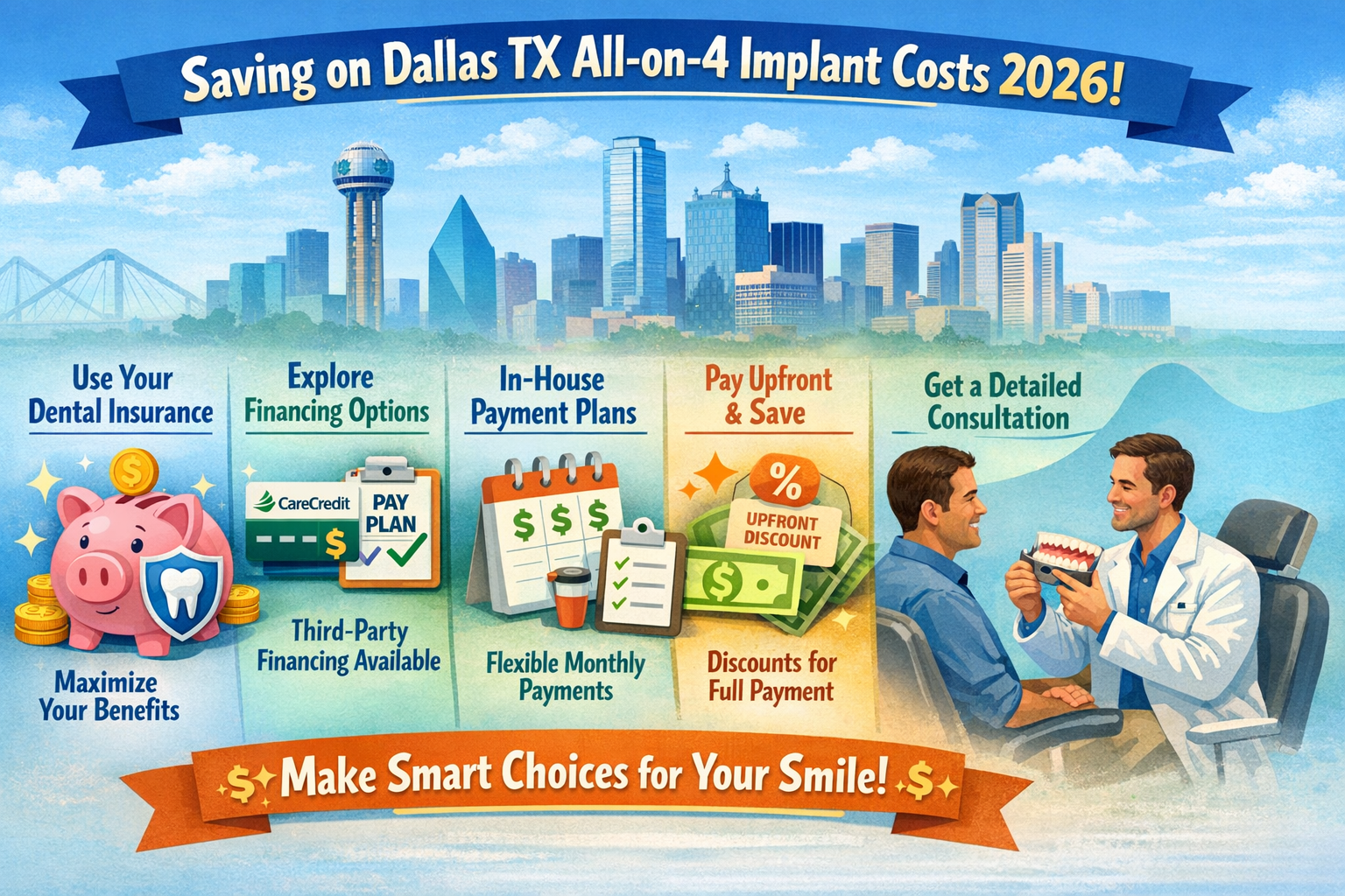 An illustrative graphic in landscape format (1536x1024) demonstrating various savings strategies for All-on-4 dental implants in Dallas for 