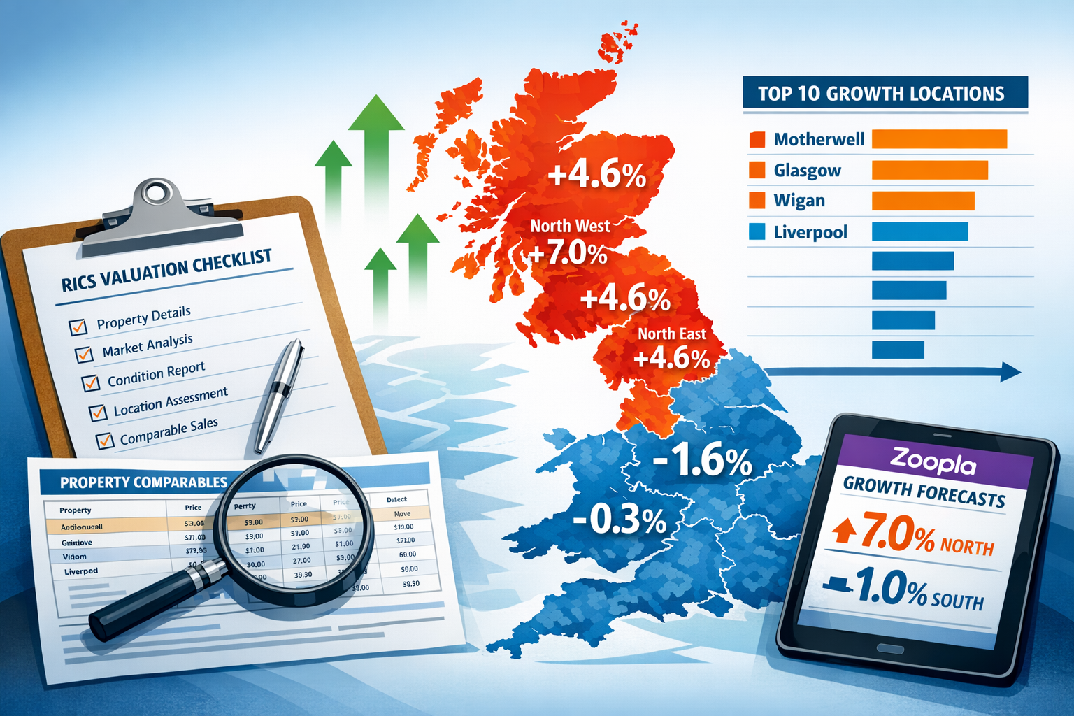 Detailed landscape format (1536x1024) image showing comparative regional price growth visualization with large UK map displaying color-coded