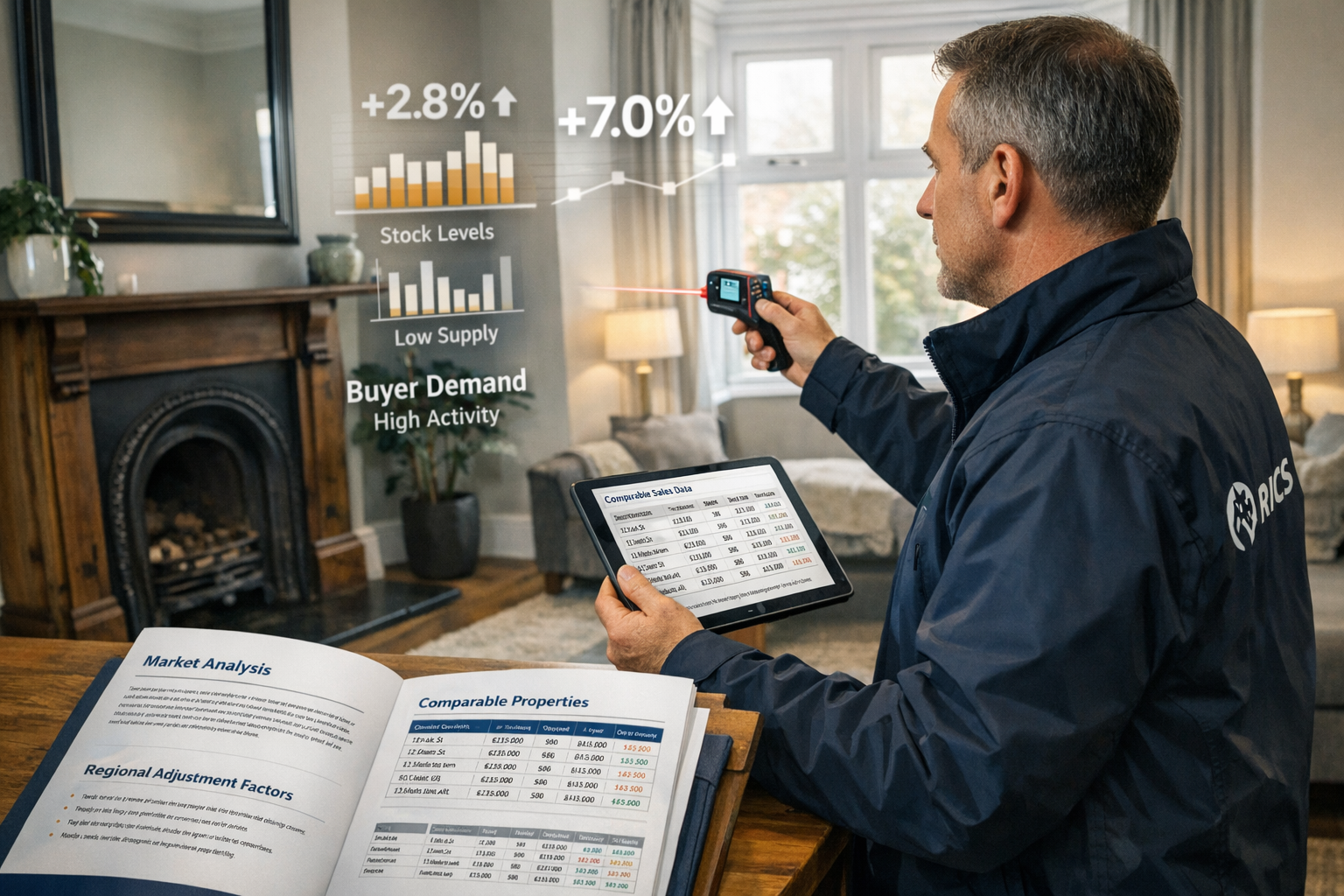 Detailed landscape format (1536x1024) professional image depicting RICS surveyor conducting property valuation in modern Northern England te