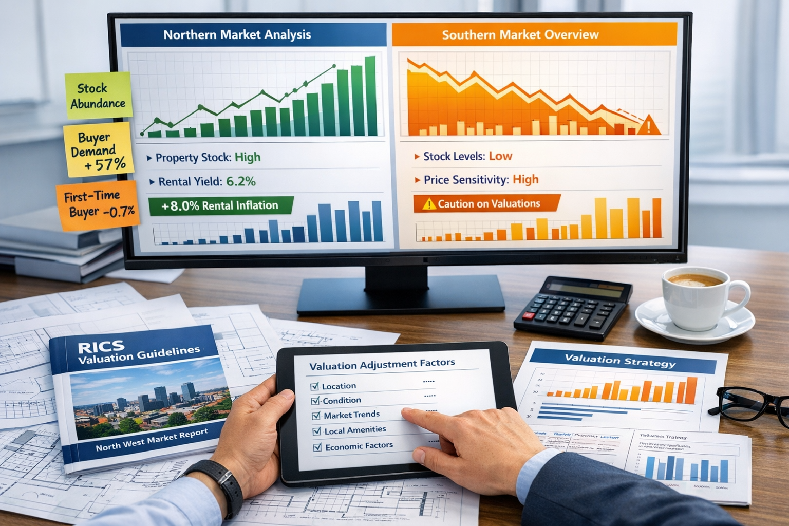 Detailed landscape format (1536x1024) strategic planning image showing professional desk workspace with multiple valuation strategy document