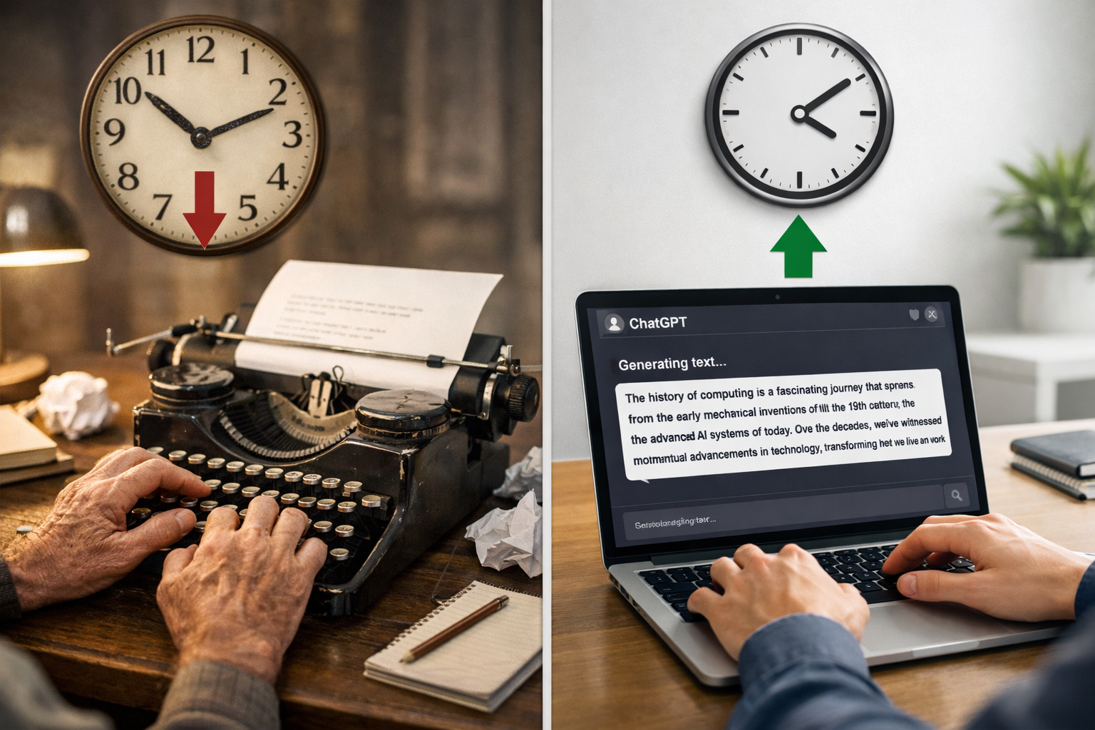 () split-screen comparison showing traditional typewriter on left side with slow manual typing process versus modern laptop
