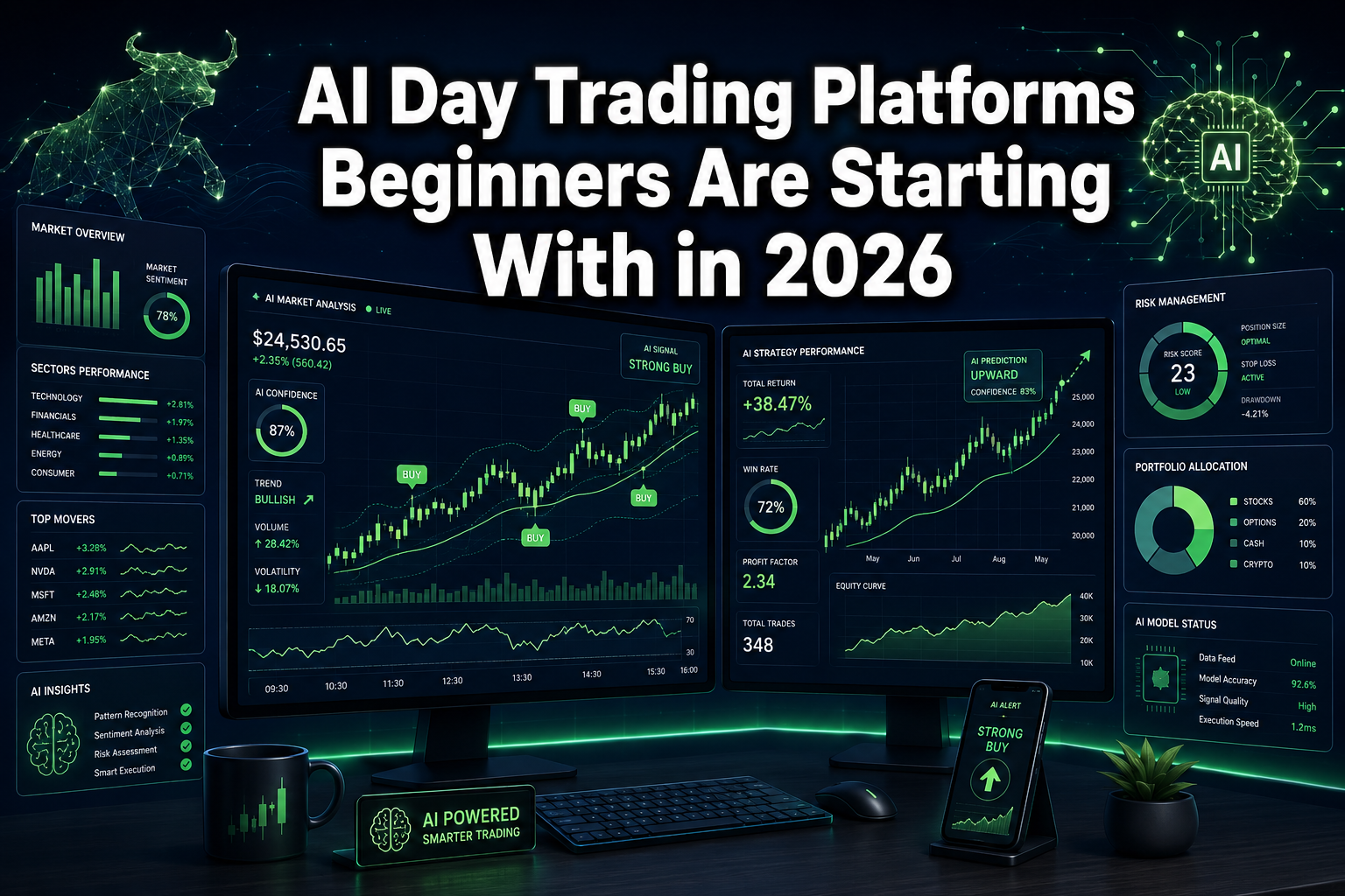 Professional () hero image with 'AI Day Trading Platforms Beginners Are Starting With in 2026' in extra large white with