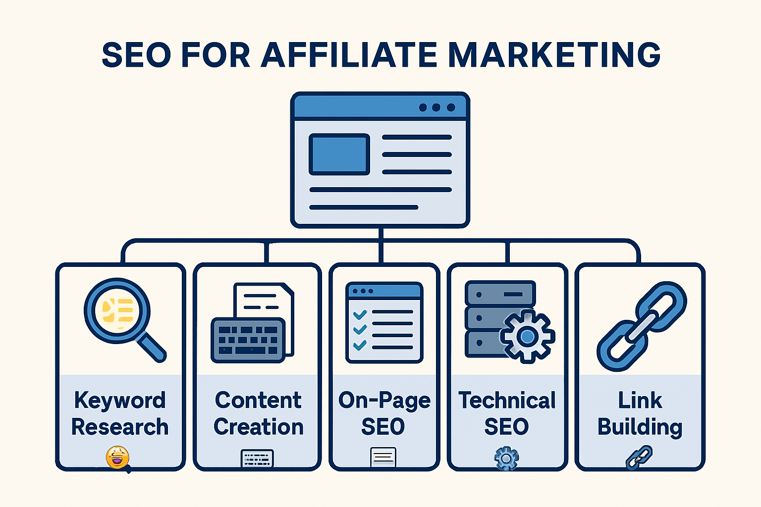 A detailed infographic illustrating the core pillars of SEO for affiliate marketing: Keyword Research (magnifying glass over keywords), Cont