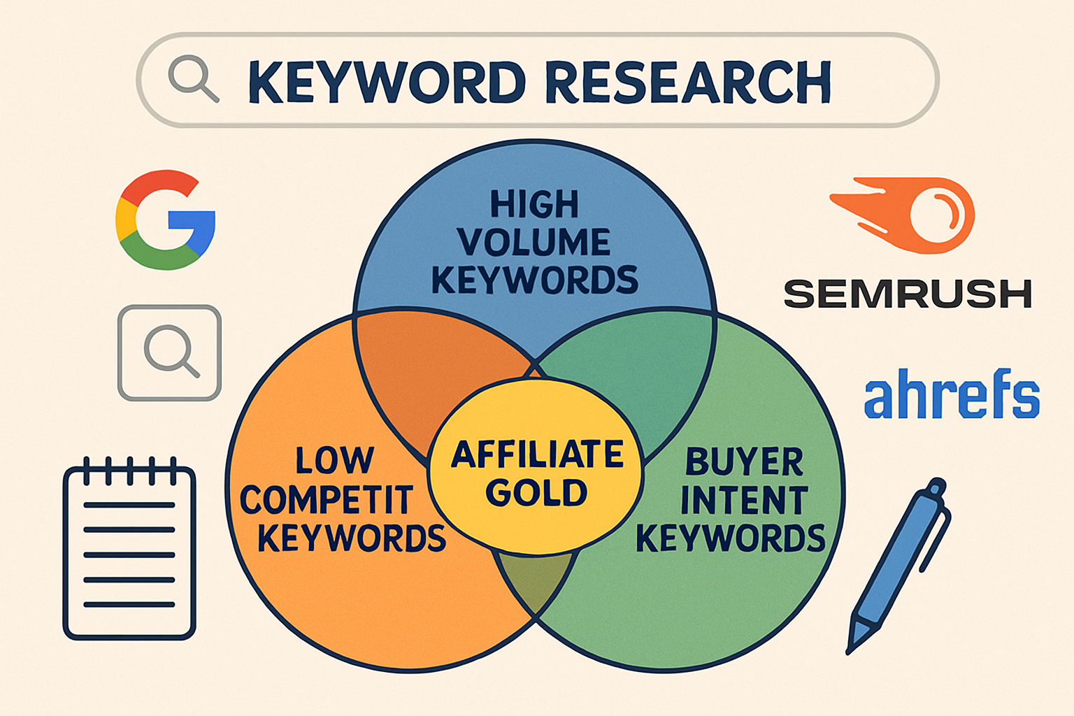 A visual representation of the keyword research process for an affiliate marketing seo guide. This includes a Venn diagram showing the overl