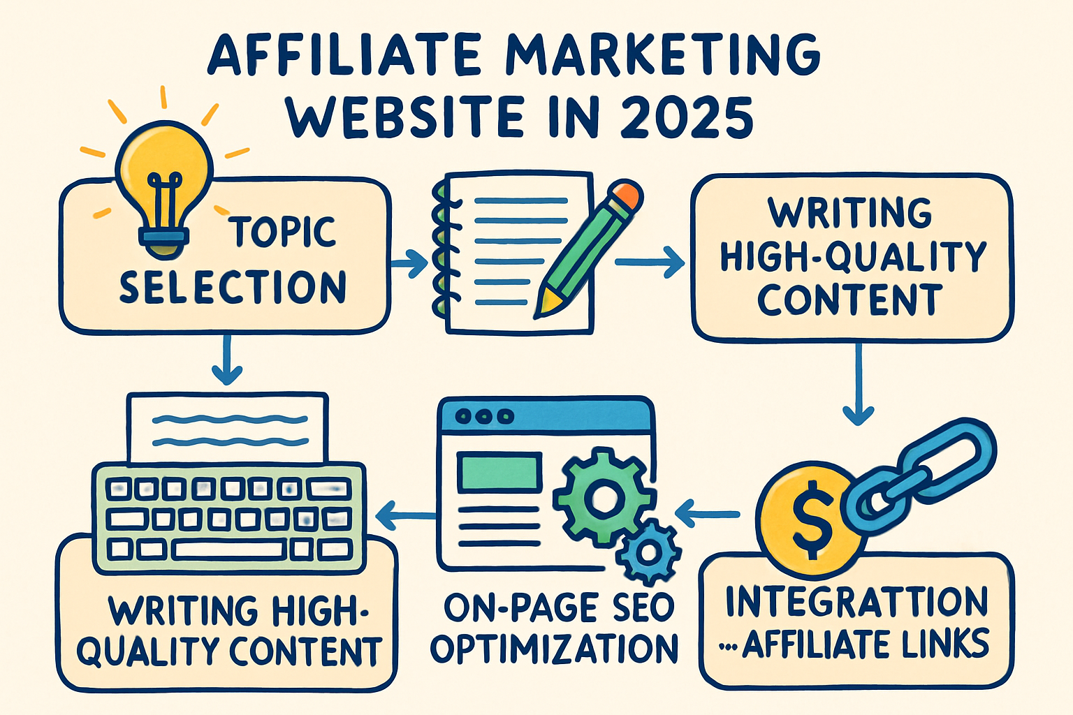 An illustrated flow chart demonstrating the content creation and optimization process for an affiliate marketing website in 2025. It starts 