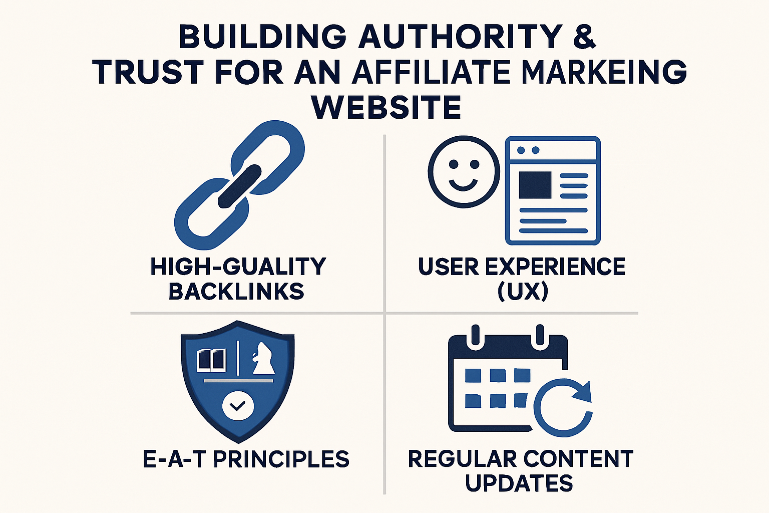 A visually engaging infographic showcasing the critical aspects of building authority and trust for an affiliate marketing website. This inc