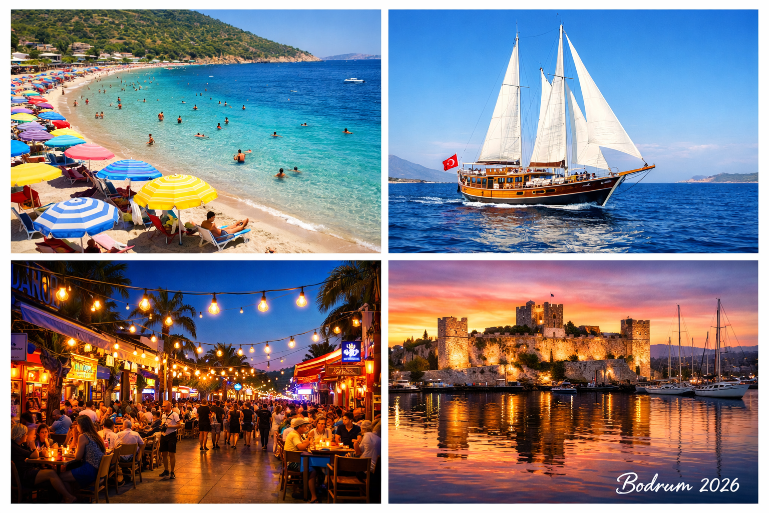 () editorial collage image representing the full Bodrum travel experience: split into four vivid quadrants &mdash; top-left shows