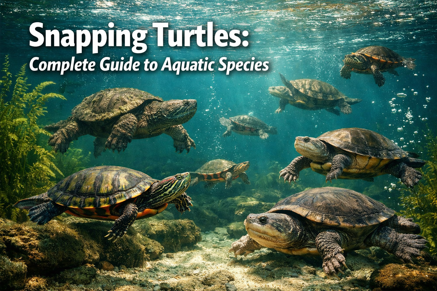 Professional landscape hero image (1536x1024) featuring bold text overlay 'Snapping Turtles: Complete Guide to Aquatic Species' in extra lar