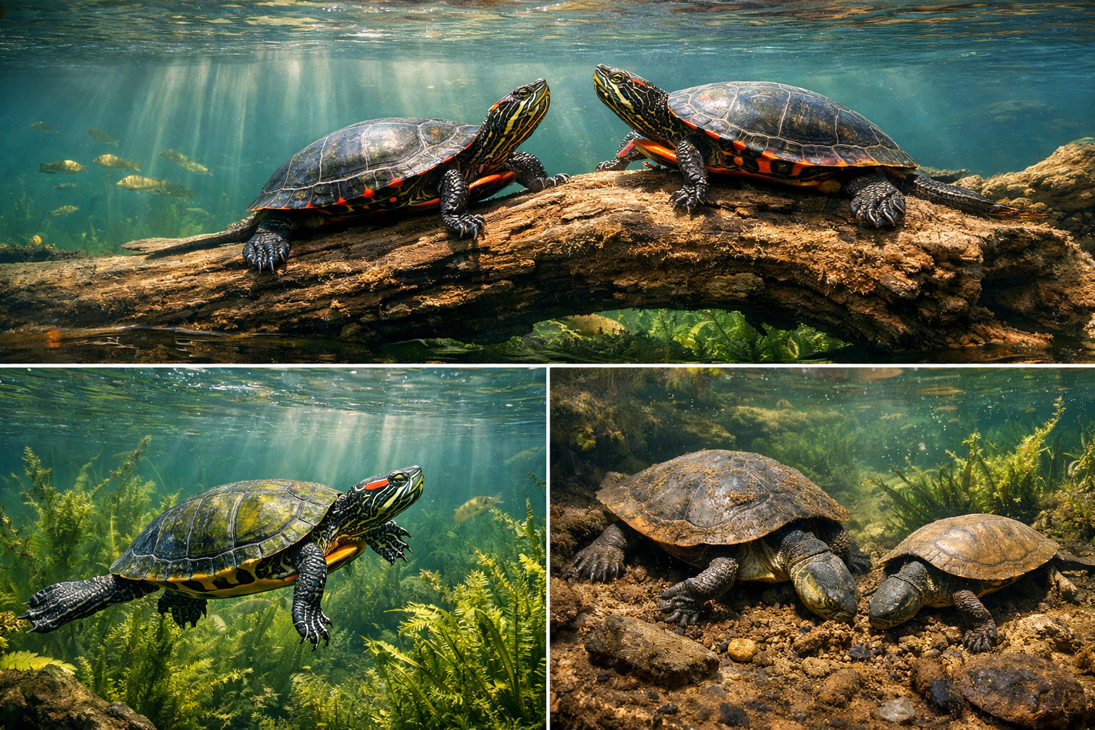 Detailed underwater photography showing various aquatic turtle species in their natural habitats - painted turtles basking on logs, red-eare