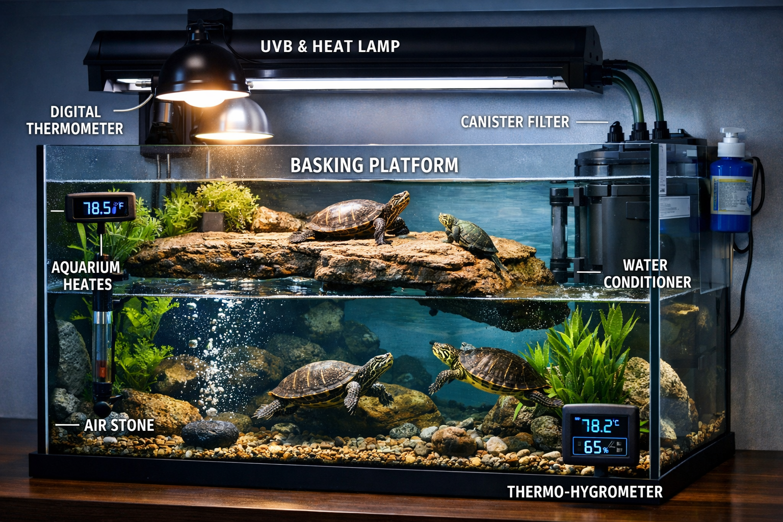Professional aquarium setup photography showcasing proper turtle habitat design - large glass tank with basking platform, UVB lighting fixtu