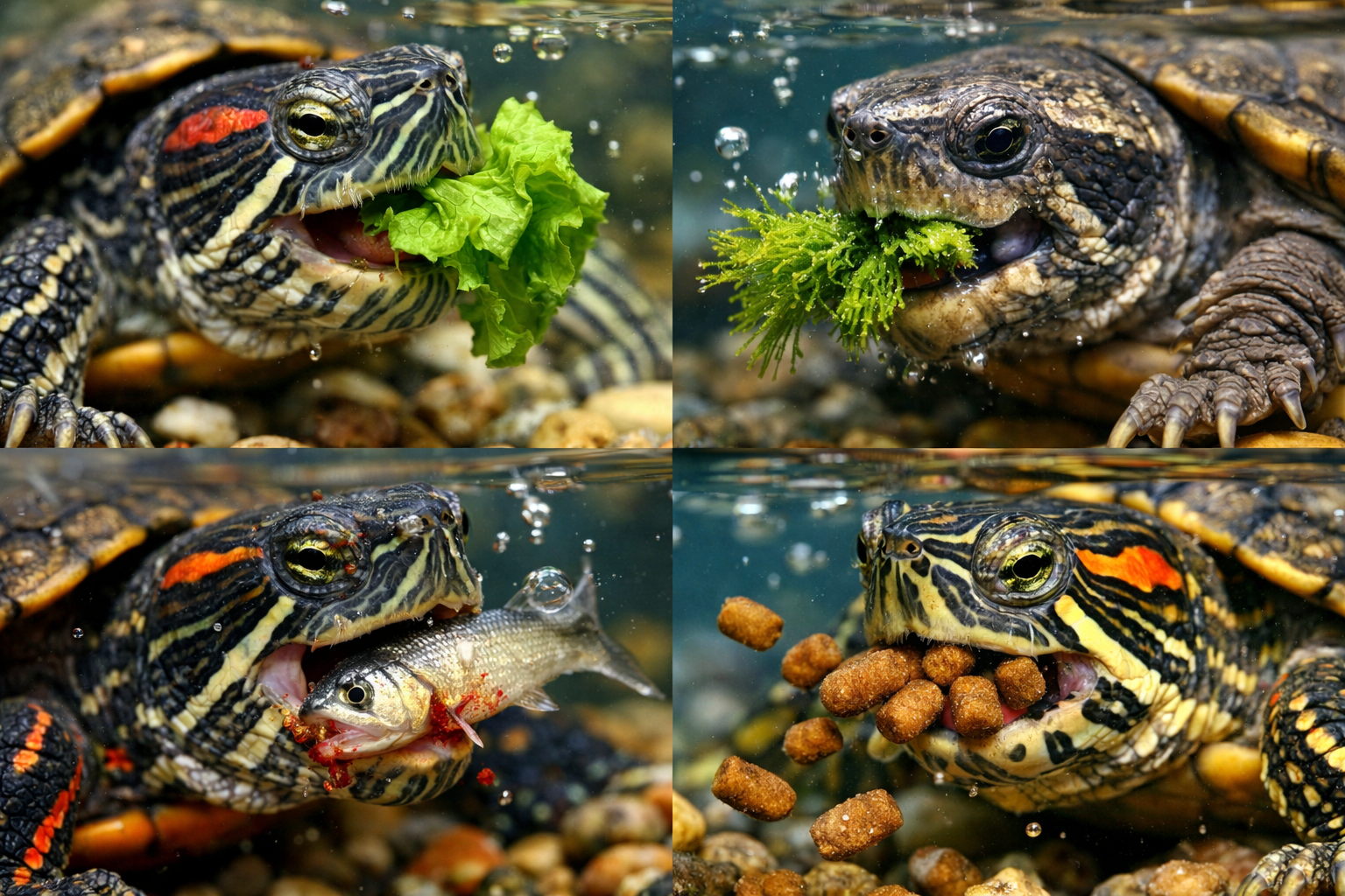Close-up macro photography of turtle feeding behavior - various aquatic turtle species consuming different foods including leafy greens, aqu