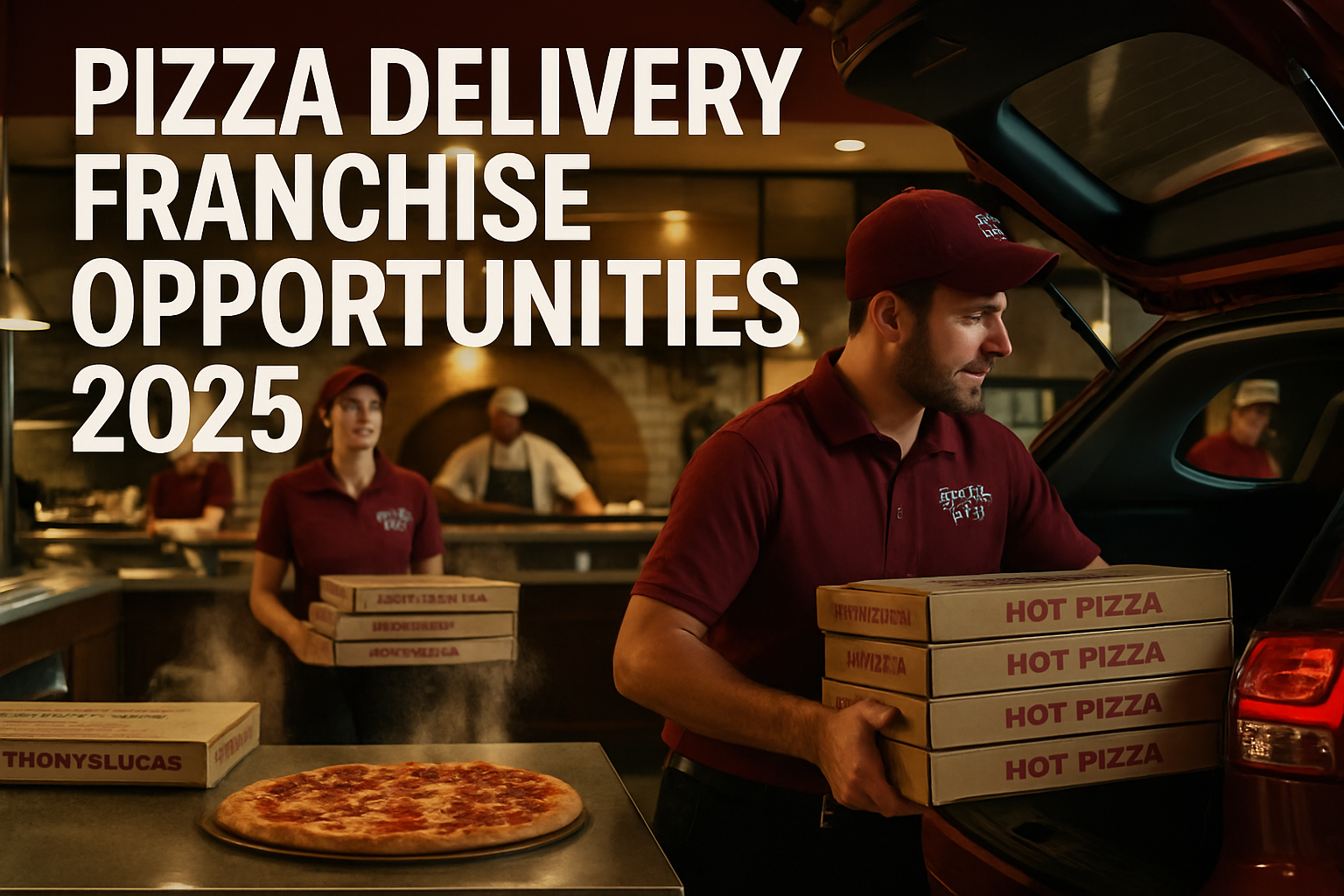 Professional landscape hero image (1536x1024) featuring bold text overlay 'Pizza Delivery Franchise Opportunities 2025' in extra large 72pt 