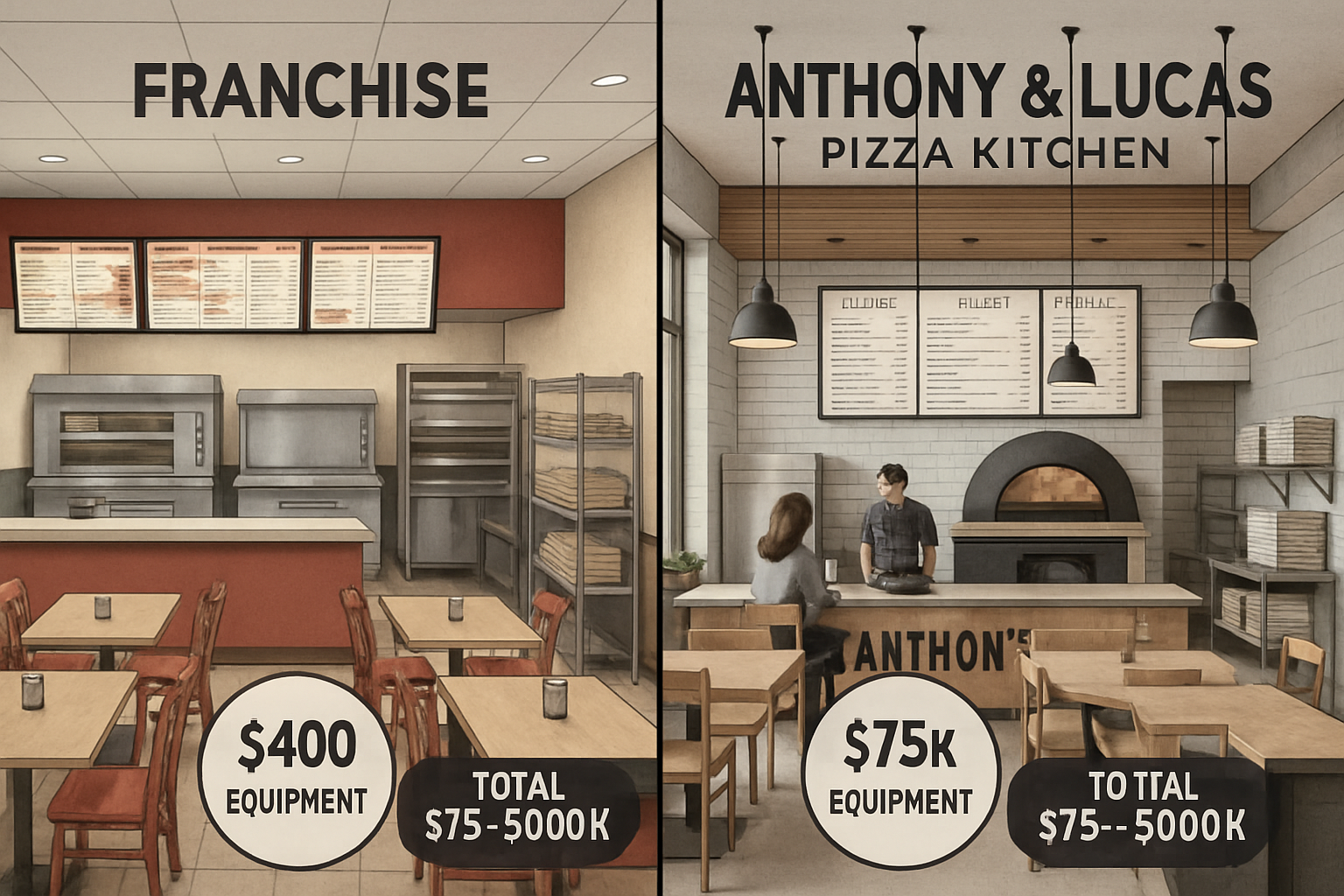 Split-screen comparison image showing traditional pizza franchise setup versus Anthony and Lucas Pizza Kitchen modern concept, side-by-side 
