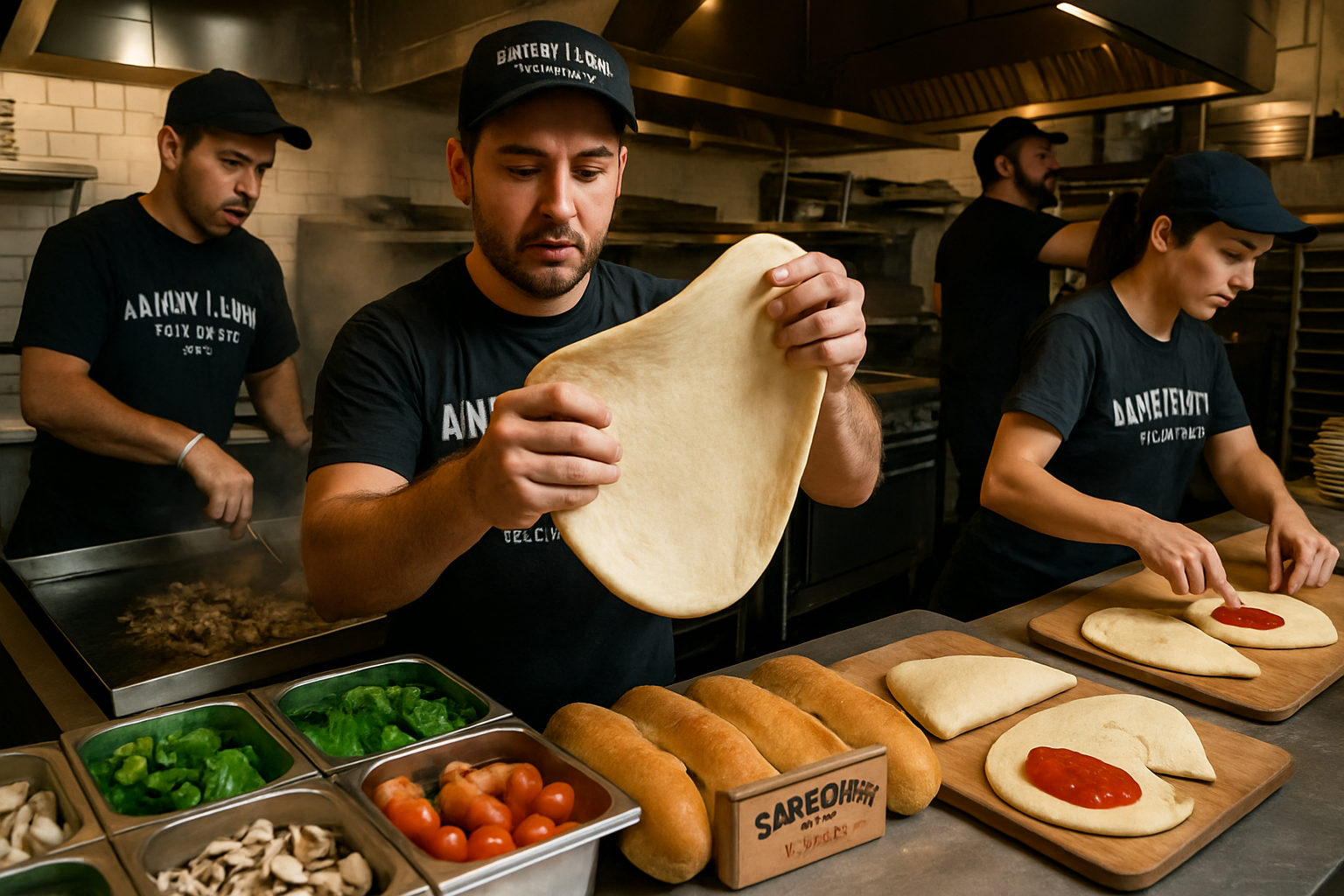 Dynamic action shot of Anthony and Lucas Pizza Kitchen operation, showing Brooklyn-style thin crust pizza being stretched by chef, ribeye ch