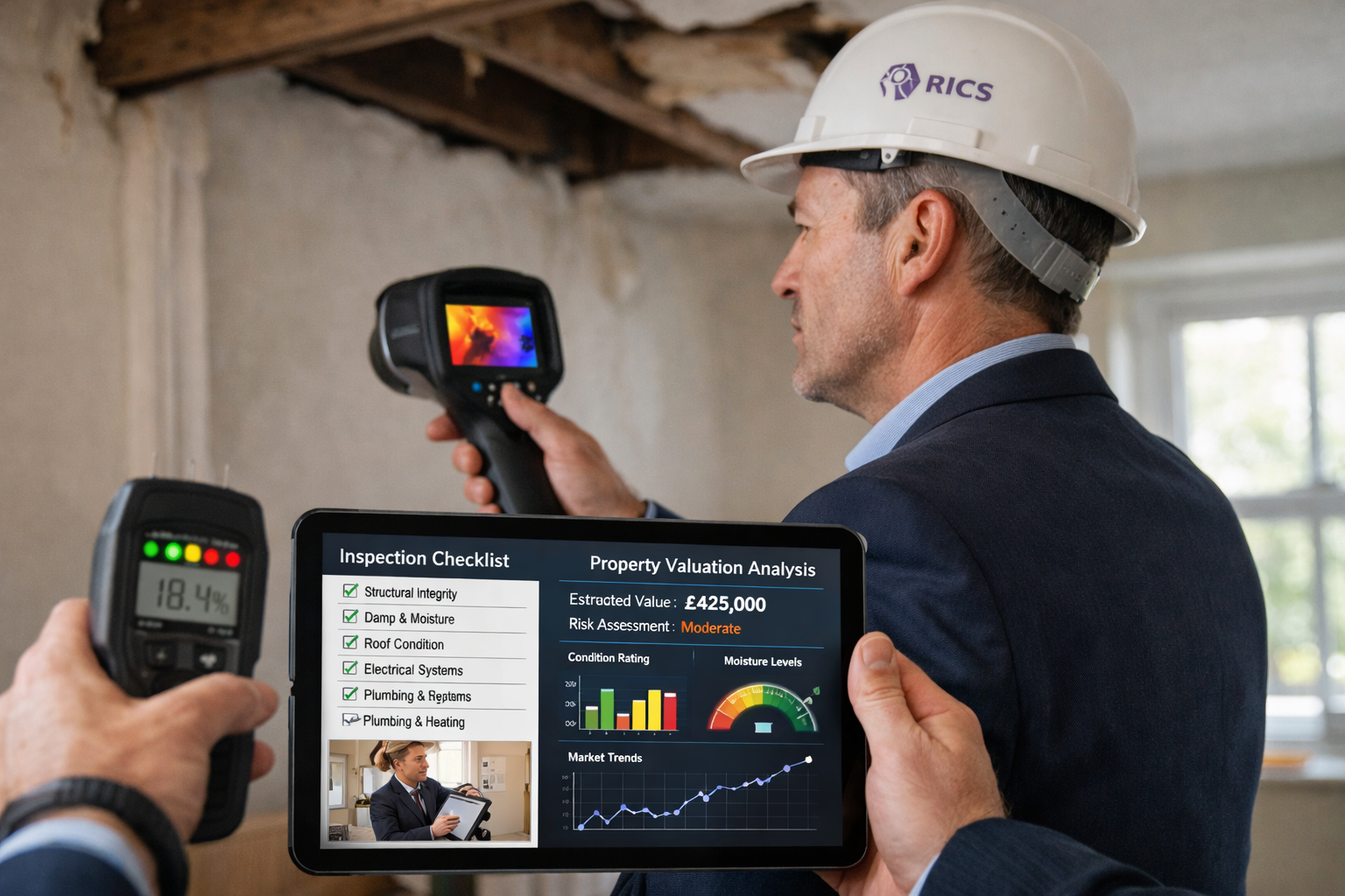 () editorial photograph showing professional RICS chartered surveyor conducting comprehensive property inspection with