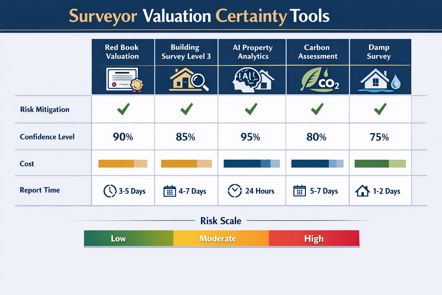 () detailed infographic illustration displaying comparison table of surveyor valuation certainty tools including Red Book