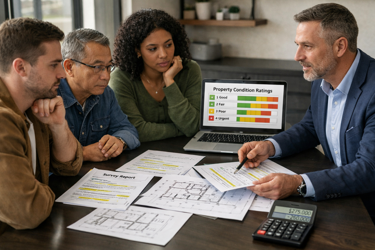 () conceptual business photograph showing diverse group of risk-averse property buyers reviewing comprehensive surveyor