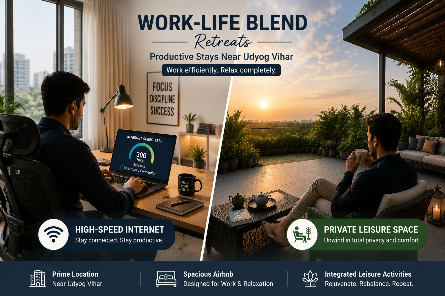 A visually dynamic () image showcasing a split-screen or dual-scene composition. On one side, a professional workspace