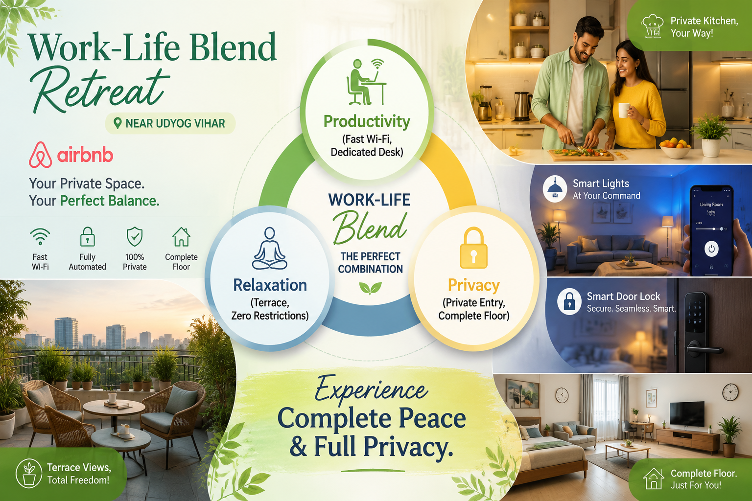 A vibrant () image depicting the unique benefits of an Airbnb for 'Work-Life Blend' Retreat near Udyog Vihar. The central