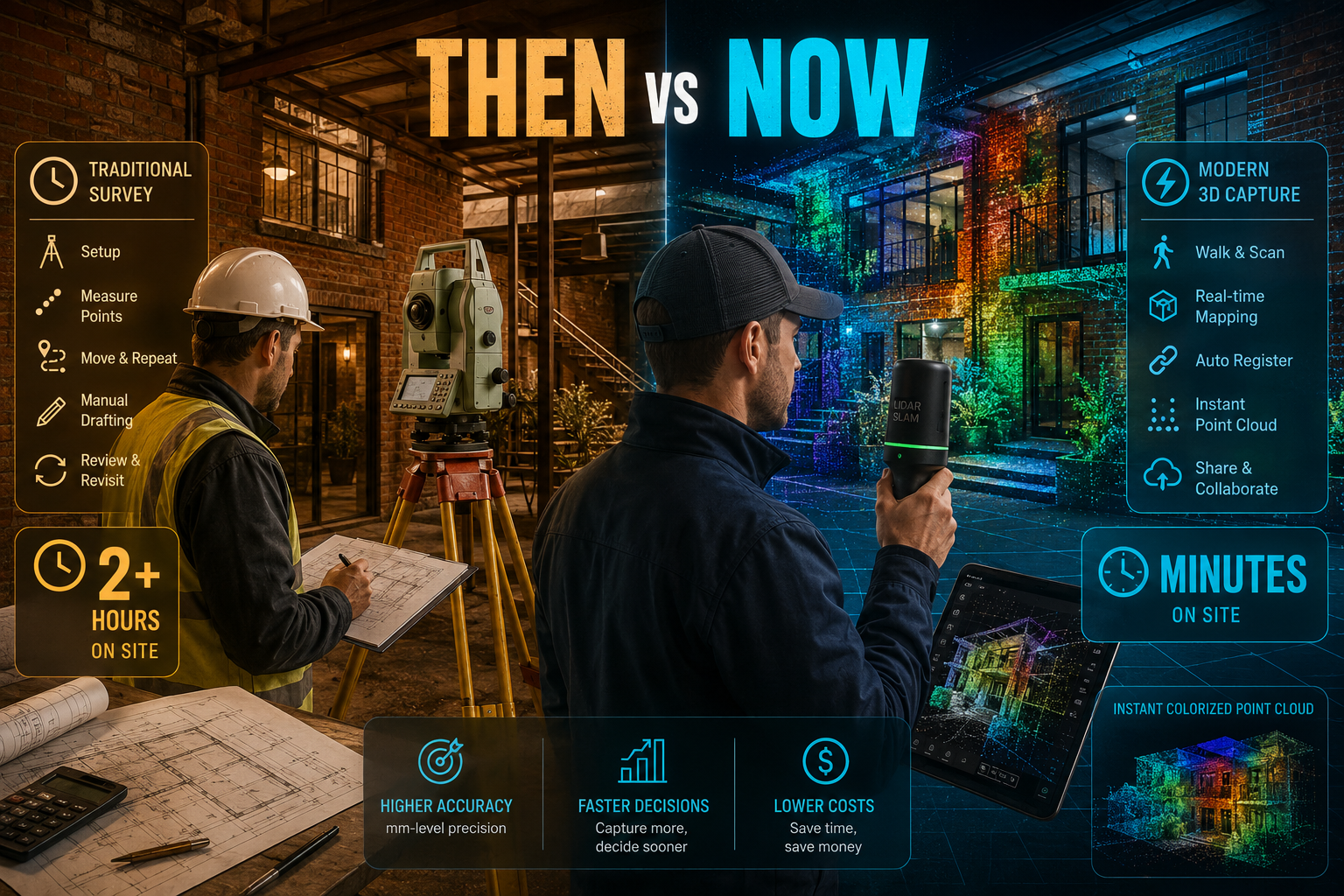 Detailed () editorial illustration showing side-by-side comparison: left side depicts traditional surveyor with bulky tripod