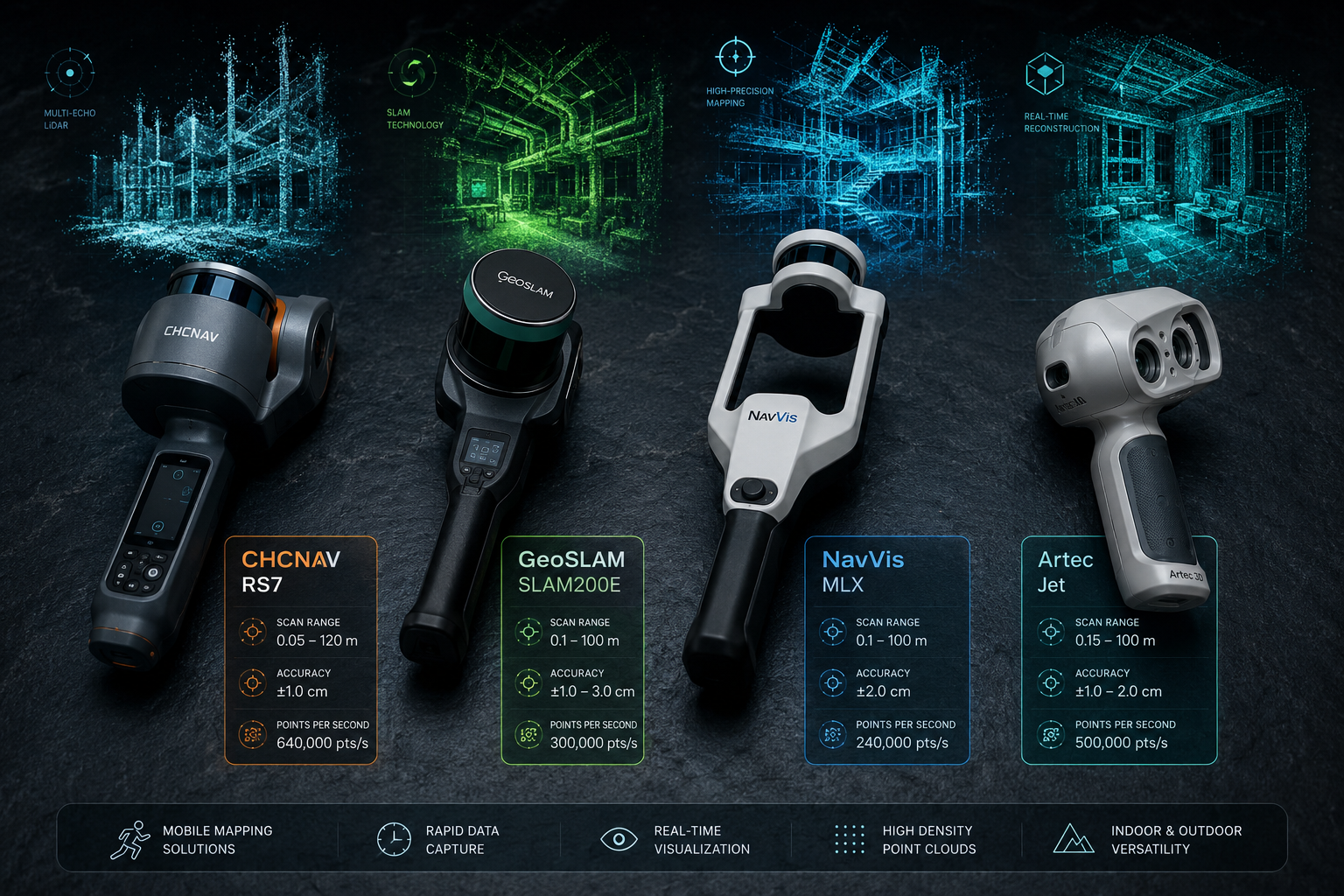 Detailed () technical showcase image displaying four different handheld 3D mapping devices (CHCNAV RS7, GeoSLAM SLAM200E,