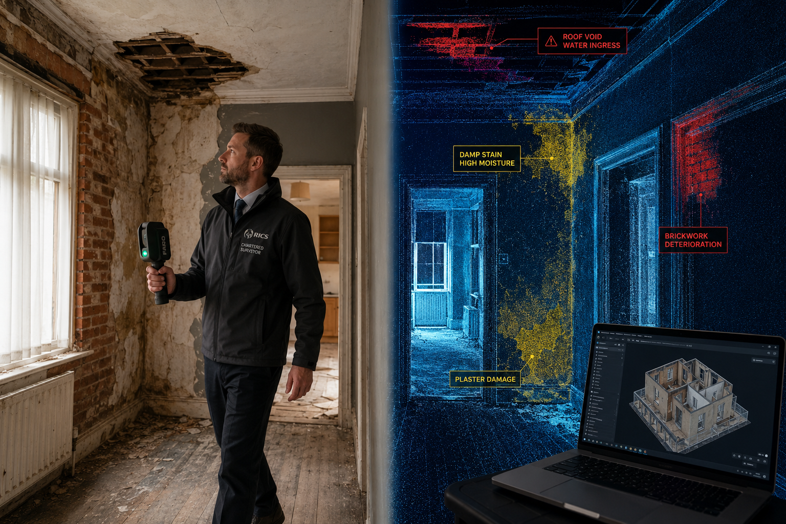 Detailed () scene showing a chartered surveyor in professional attire walking through a Victorian terraced property in the