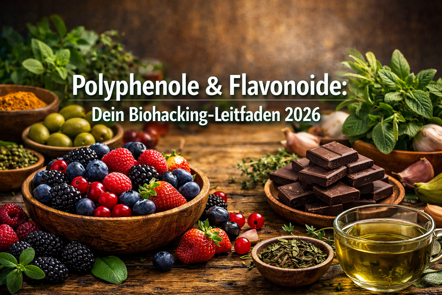Professional landscape format (1536x1024) hero image with bold text overlay: 'Polyphenole & Flavonoide: Dein Biohacking-Leitfaden 2026', mod