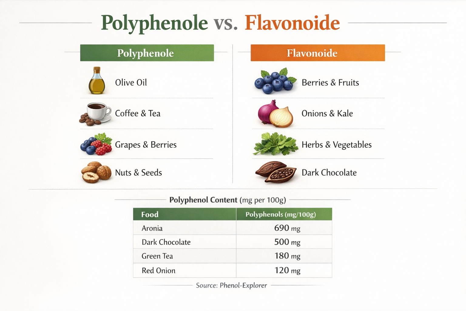 Landscape format (1536x1024) image presenting a comparative chart or infographic about 'Polyphenole vs. Flavonoide' with two distinct column
