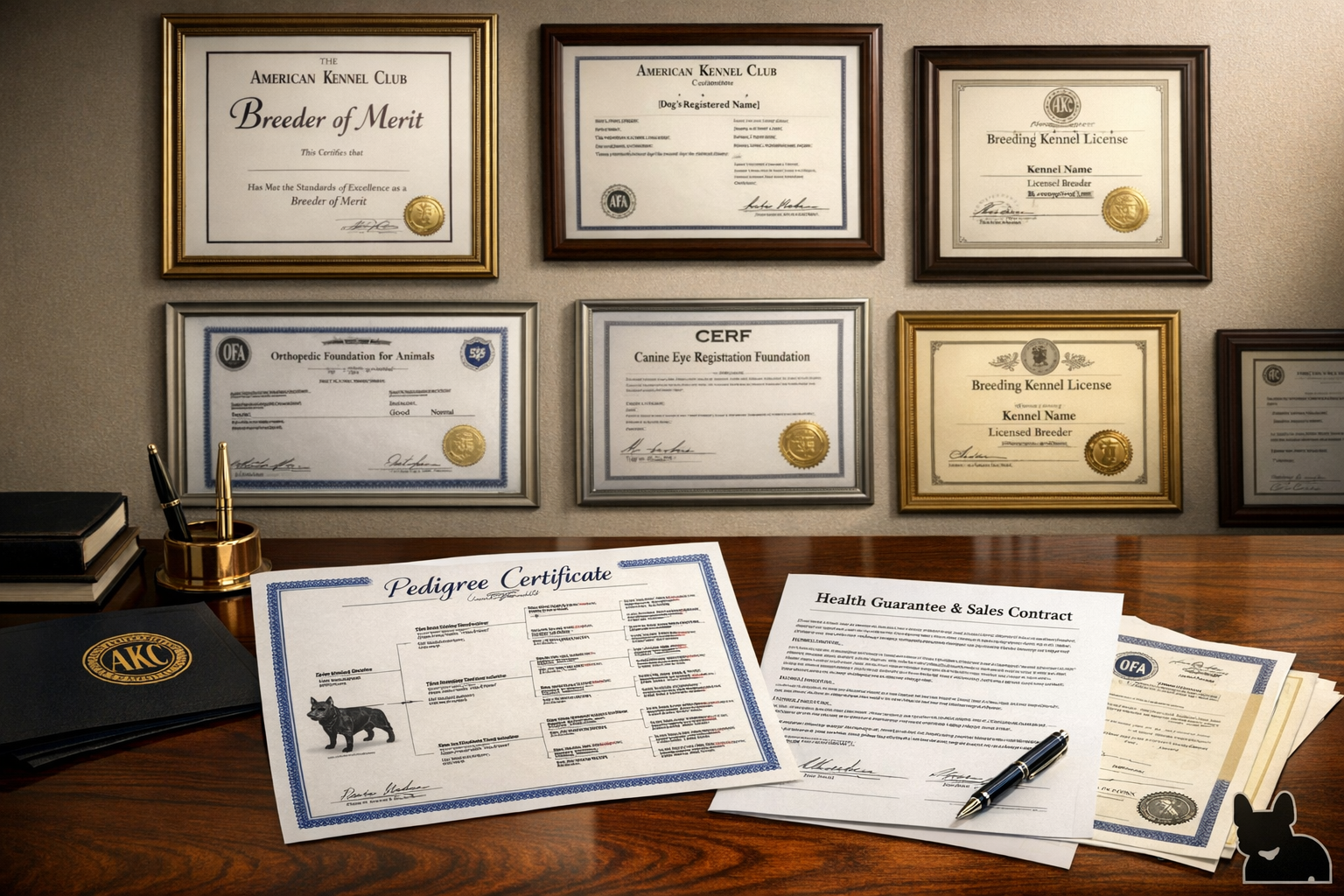 Portrait format (1024x1536) image showing professional French Bulldog breeder's credentials display including AKC certificates, health testi
