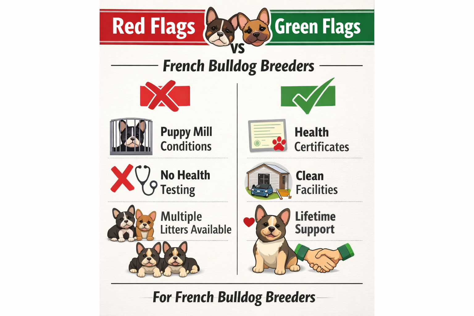 Portrait format (1024x1536) infographic-style image displaying 'Red Flags vs Green Flags' comparison chart for French Bulldog breeders. Left