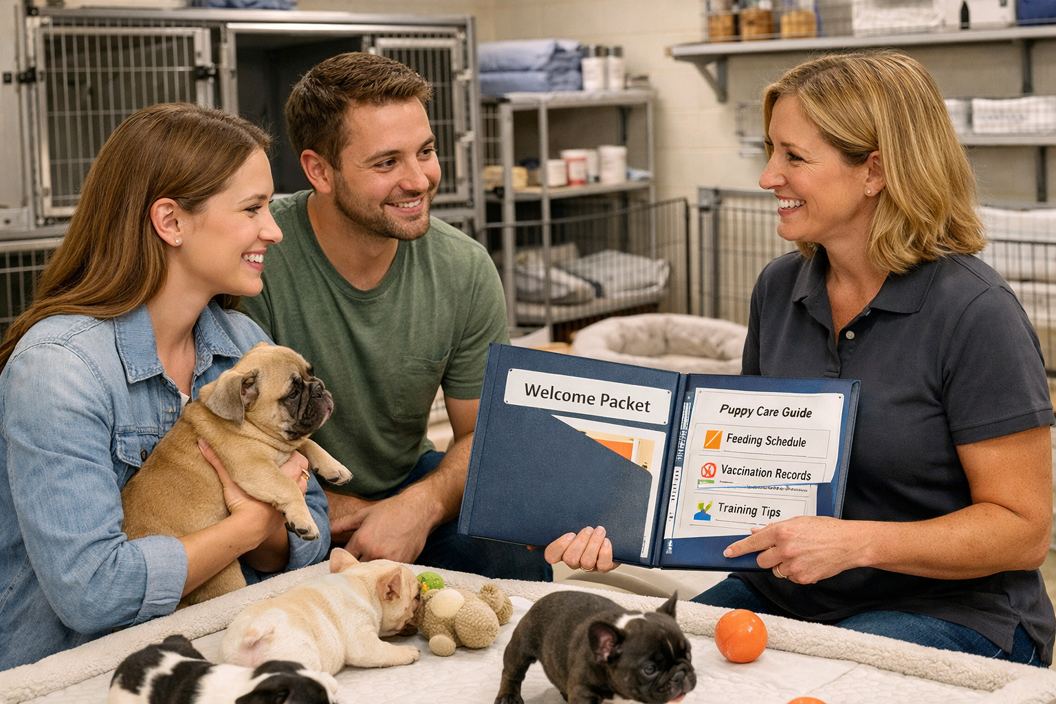 Portrait format (1024x1536) image showing French Bulldog puppy meeting setup with potential owners in clean, well-lit breeder facility. Mult