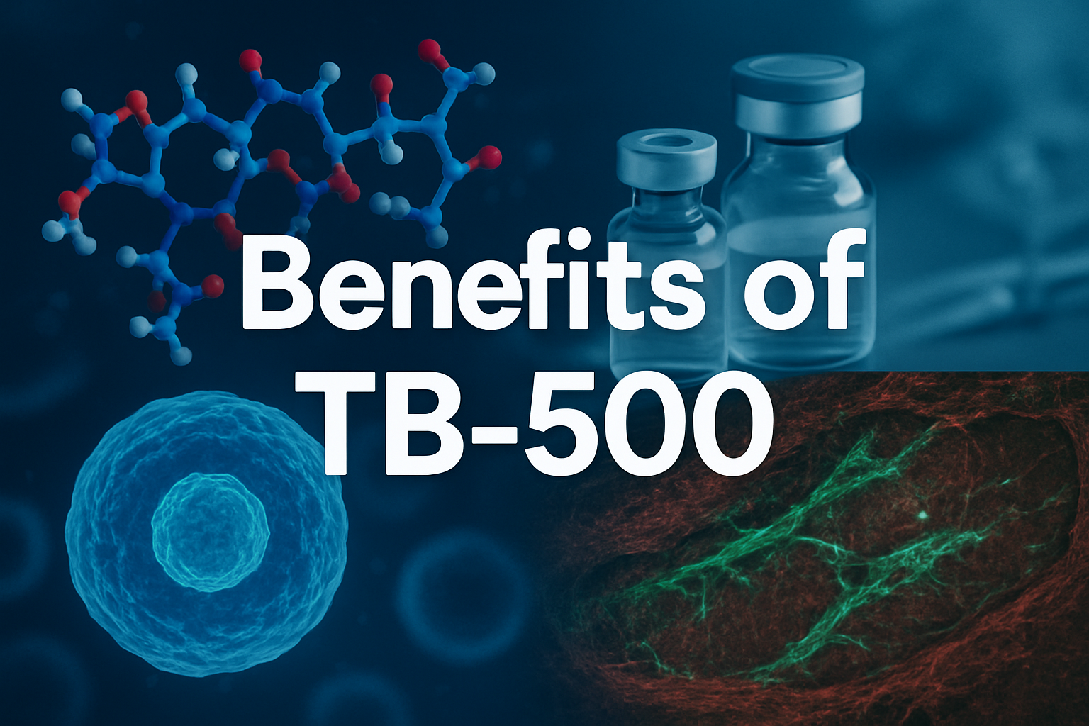 Professional landscape scientific image (1536x1024) featuring bold text overlay 'Benefits of TB-500' in 70pt white sans-serif font with subt