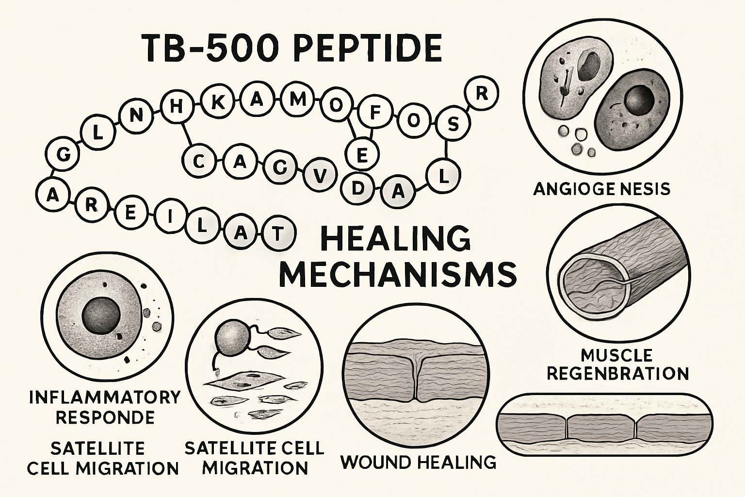 Scientific illustration showing TB-500 peptide molecular structure with highlighted healing mechanisms, cellular repair processes, angiogene