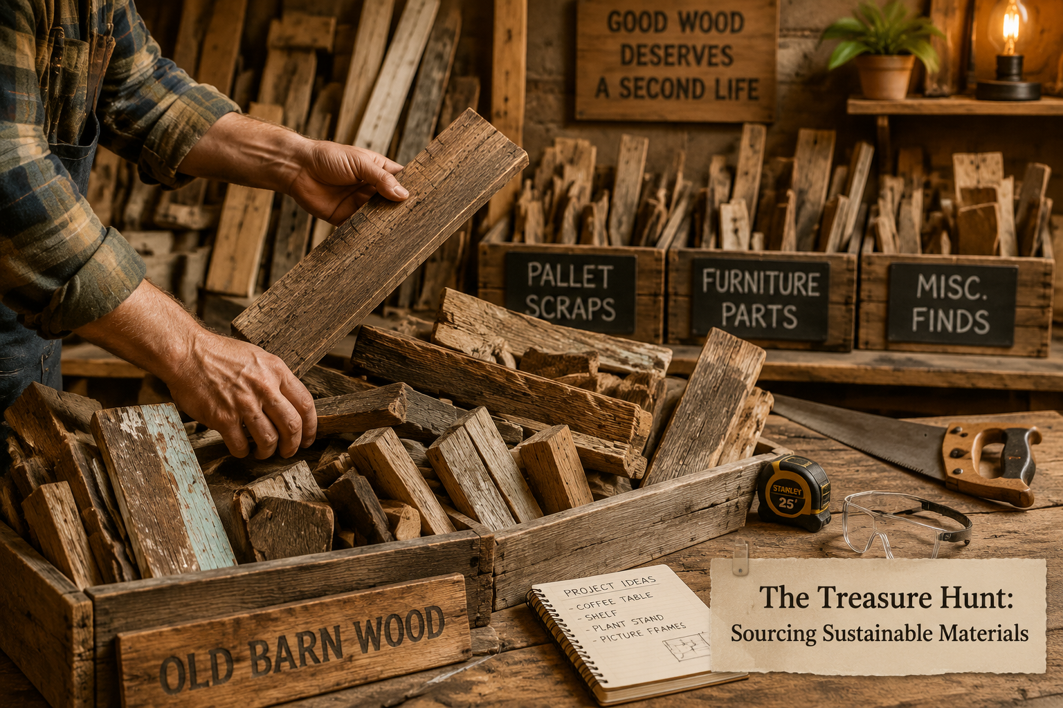 Detailed () image illustrating a diverse collection of reclaimed wood pieces, including old barn wood, pallet scraps, and
