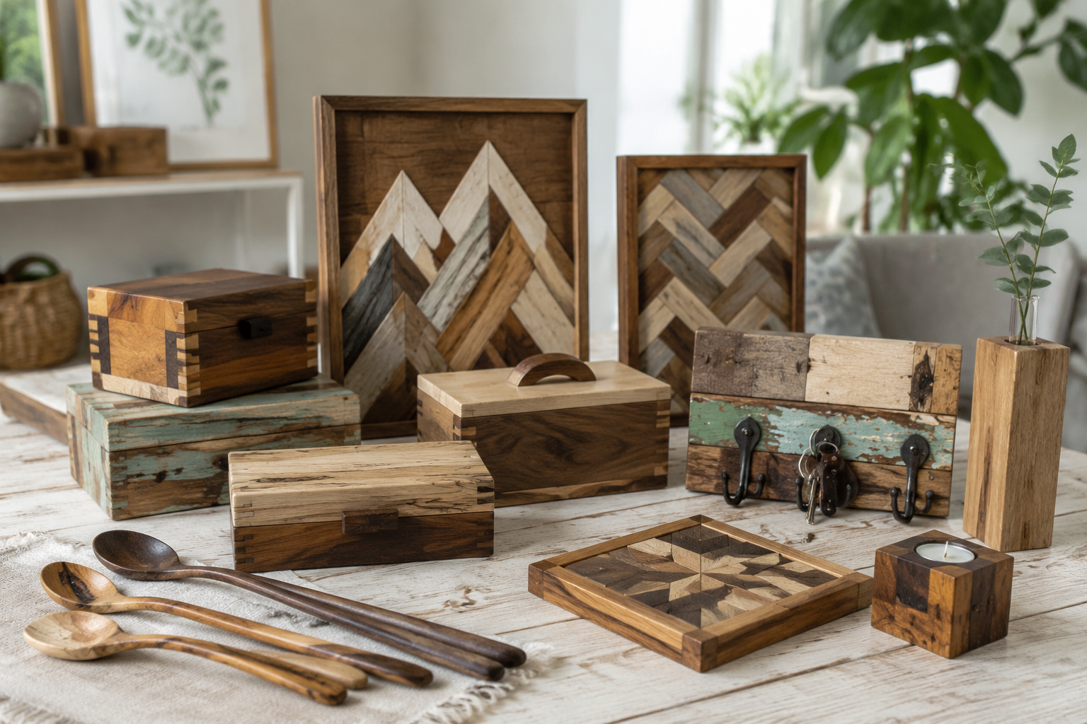 Detailed () image showcasing a variety of finished sustainable small wood projects arranged artfully on a light-colored