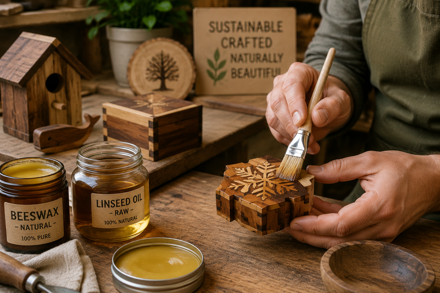 Detailed () image depicting a person applying a natural, low-VOC finish to a small, intricate wooden gift. The person's