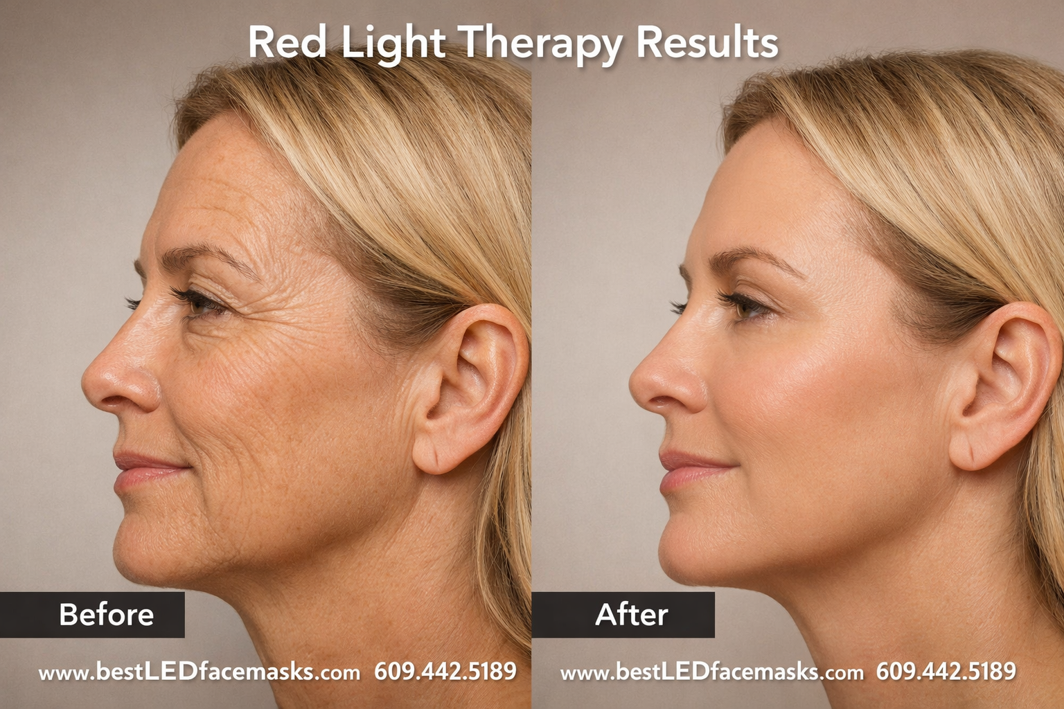 () side-by-side before-and-after comparison concept image showing a woman's face profile — left side showing fine lines and