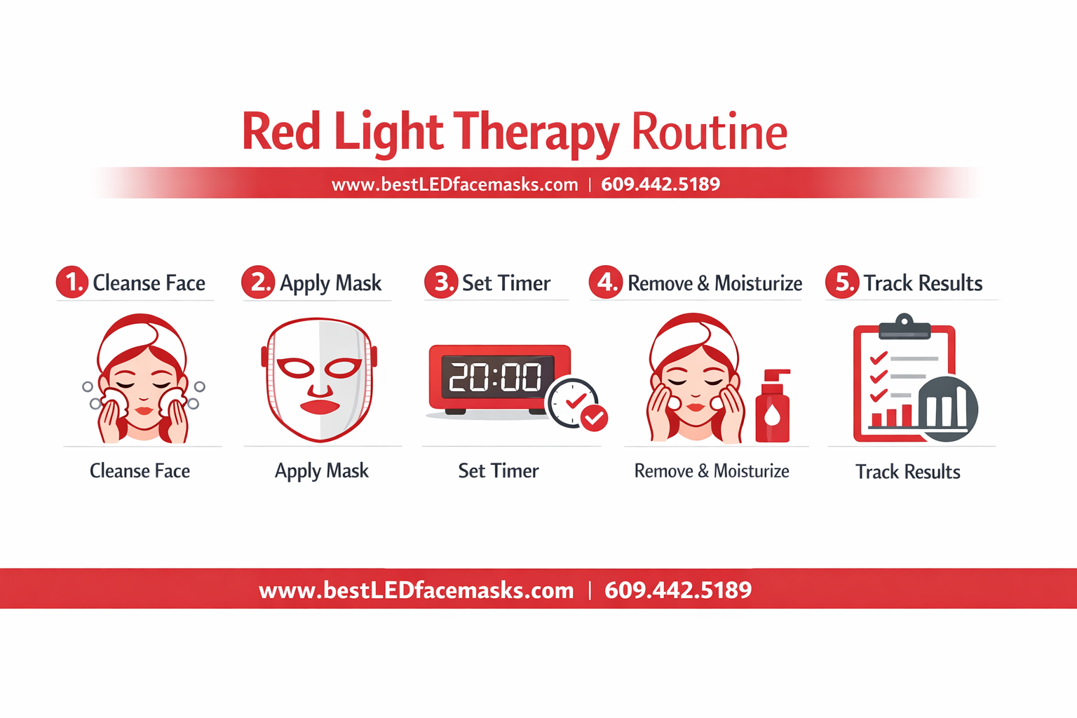 () infographic-style image showing a step-by-step red light therapy routine — five numbered steps illustrated with icons: