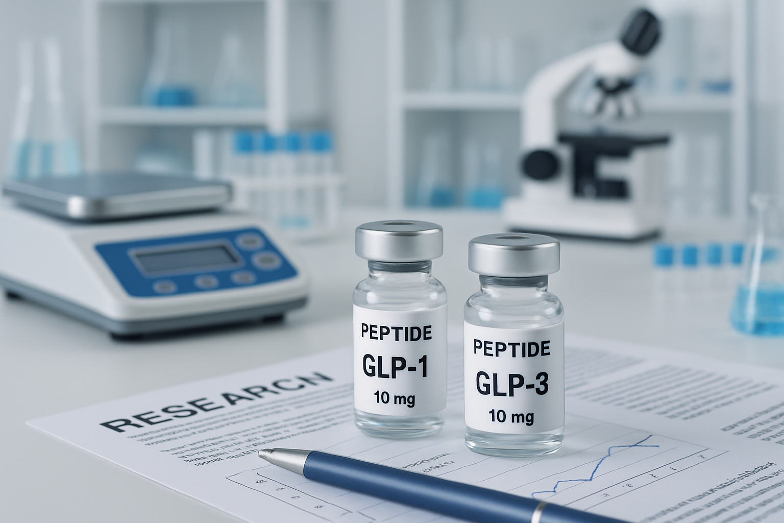 Laboratory research scene showing peptide vials labeled GLP-1 and GLP-3, precision scales, research documentation, scientific equipment in b