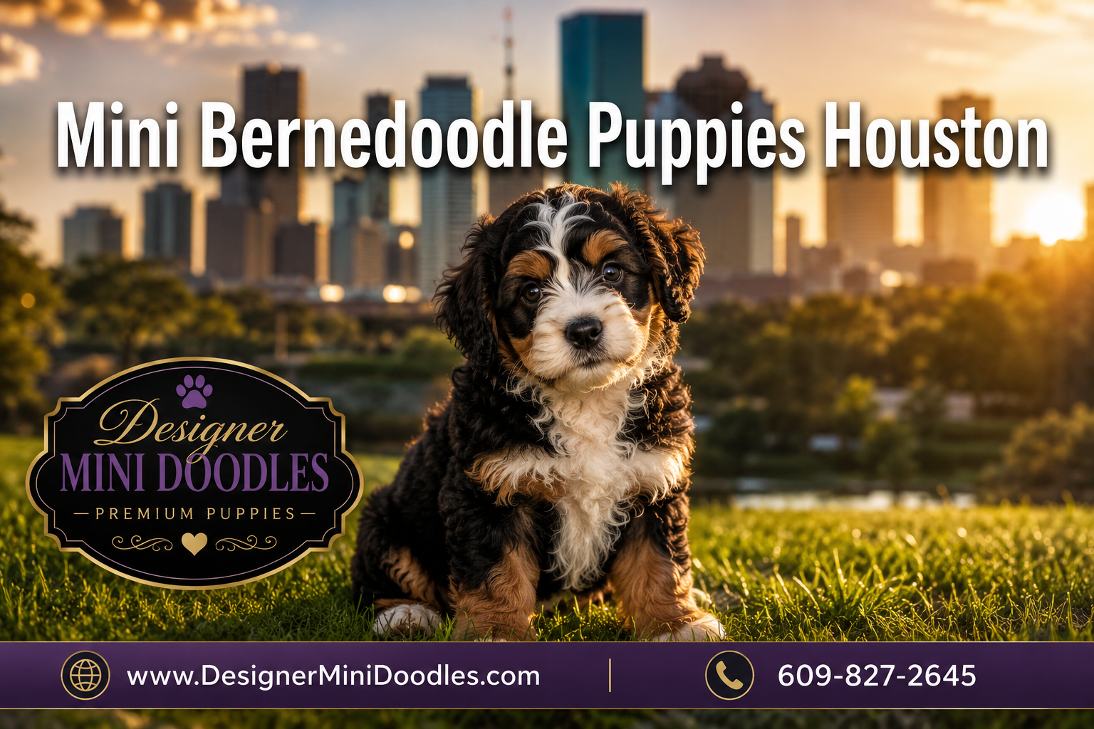Professional () hero image with 'Mini Bernedoodle Puppies Houston' in white with subtle dark drop , centered upper third.