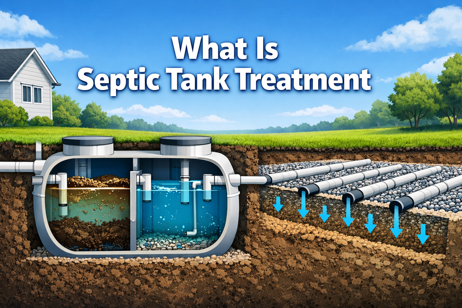 Professional landscape format (1536x1024) hero image with bold text overlay 'What Is Septic Tank Treatment' in 70pt white sans-serif font wi