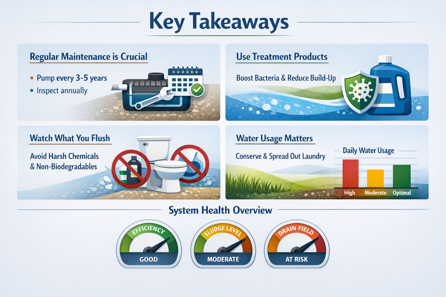 Professional infographic for article "What Is Septic Tank Treatment: The Complete Guide for Homeowners in 2026", section: "Key Takeaways". I