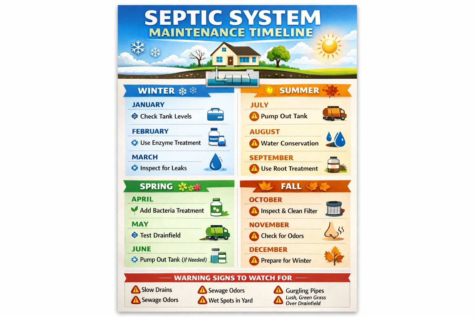 Portrait format (1024x1536) maintenance timeline infographic showing septic treatment schedule throughout the year. Calendar-style layout wi